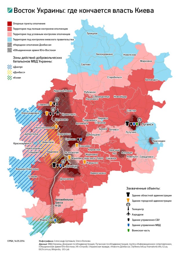 Kde sa končí moc Kyjeva. Situácia v zóne konfliktu k 14. máju 2014. Zdroj: www.rbc.ru