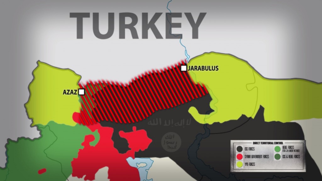Mapa území ovládanými jednotlivými stranami konfliktu. Zdroj: South Front