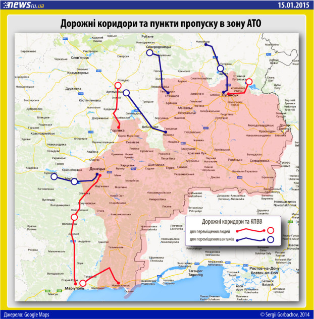 Cestné koridory a kontrolné body pri vstupne do zóny ATO. Zdroj: www.newsru.ua