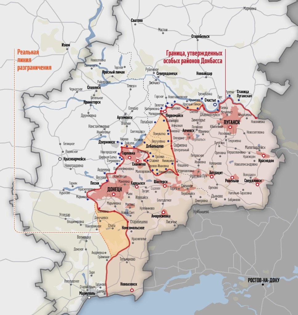 Hranice území s navrhovaným osobitným postavením v porovnaní s reálnou kontaktnou líniou. Zdroj: www.vesti-ukr.com
