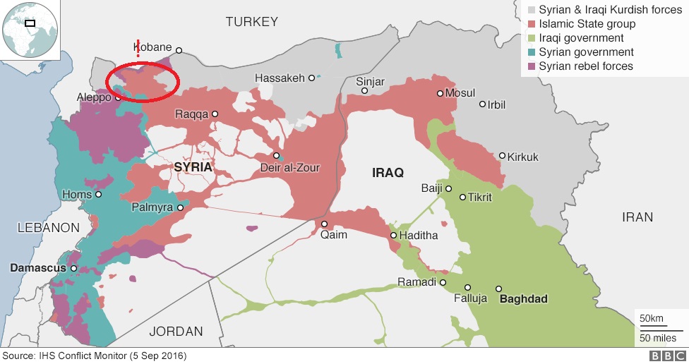 Mapa území ovládaných jednotlivými stranami konfliktu. Zdroj: BBC News