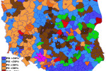 Výsledky parlamentných volieb 2005 podľa regiónov (PiS – Právo a spravodlivosť; PO – Občianska platforma; SLD – Zväz demokratickej ľavice; SO – Sebaobrana; PSL – Poľská ľudová strana; MN – Nemecká menšina). Zdroj: Wikipedia